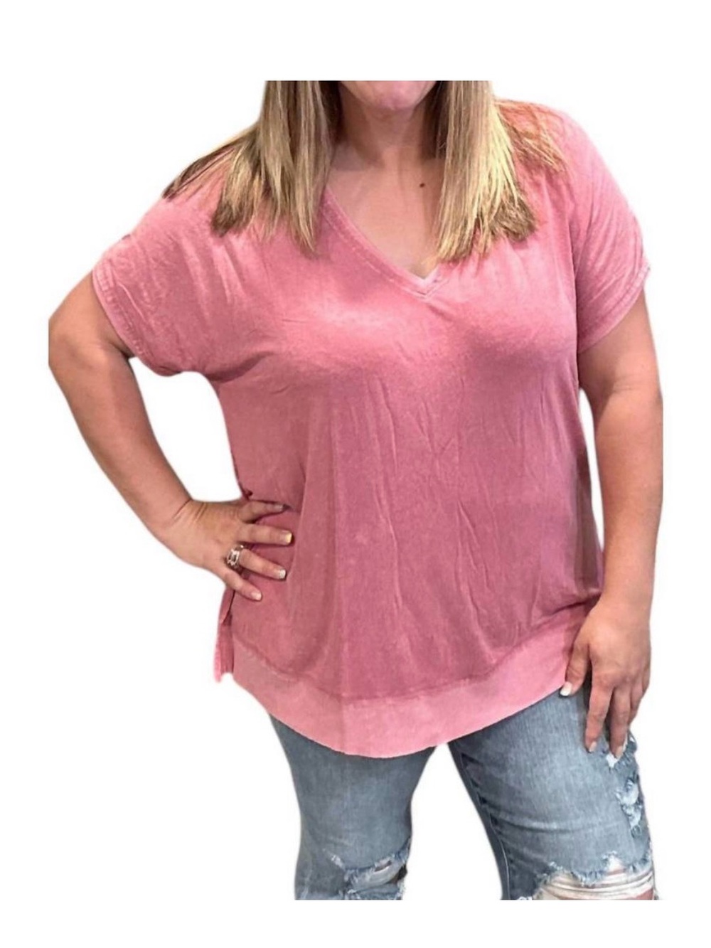 Kori NWOT Women's V-Neck Short Sleeve Top - Dusty Rose (L - Fits like XL)